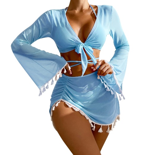 Women Swimsuits Fringe Top Long Sleeve Coverup Sexy Mini Skirt Bathing Suit